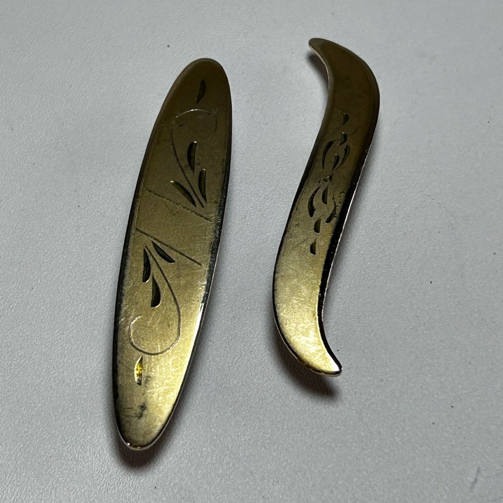 Vintage Signed Pair Diamond Etched Gold  French Hair Barrettes Made France MCM